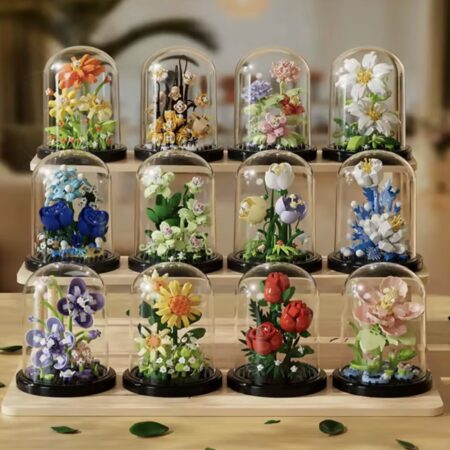 DIY Mikro-Baustein Blumen-Set unter Glaskuppel – 4er-Set – Dekorative Blumen zum Zusammenbauen